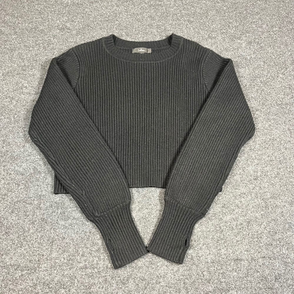 Lulus Black Ribbed Knit Cropped Sweater Thumbhole Cuffs Crew Neck Sz M